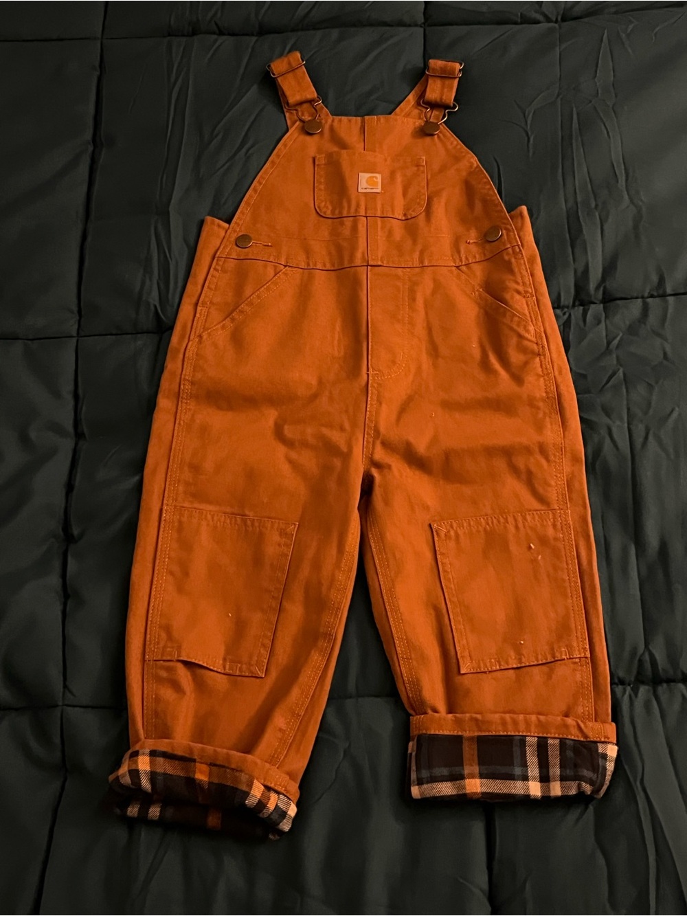 Carhartt Kids Brown Duck Overalls with Plaid Cuffsy Size 2T